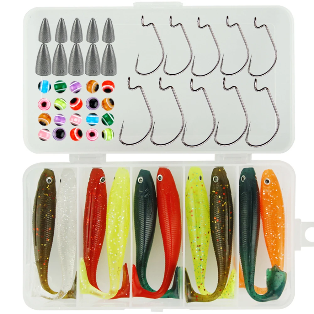 

50pcs Soft Fishing Lure Kit Jig Head Hook Artificial T Tail Bait With Tackle Box Lead Heads Crank Hooks Set Carp Fishing Tackle