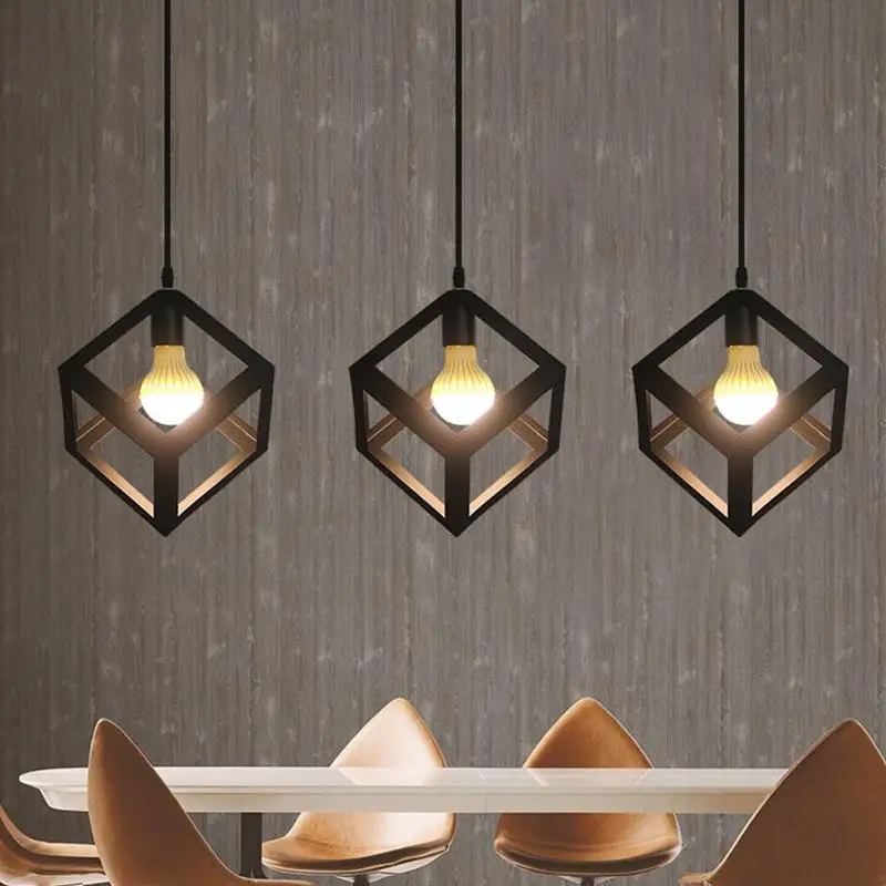 

Creative American Square Pendant Lamp Living Room Bedroom Chandelier Loft Iron Cube Geometric Decorative Light for Friends Gift