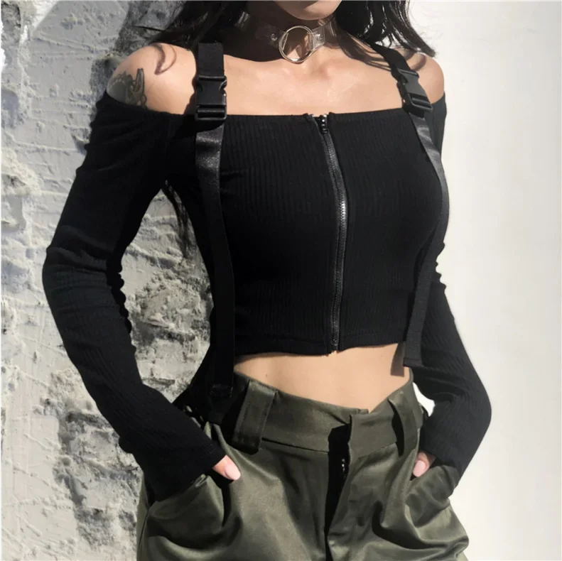 

Trendy Women clothes Off Shoulder zipper strap solid Tops cotton casual Long Sleeve Slim T-shirts