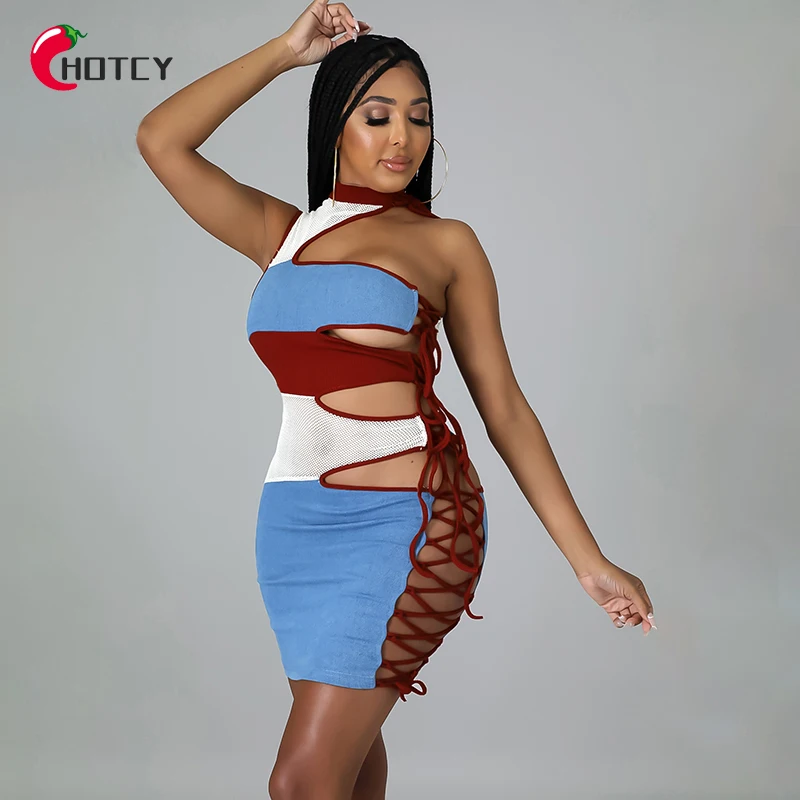 

HOTCY Ropes At Side Outfit Backless Halter Hollow Out Slim Bandage Female Contrast Bodycon Dress
