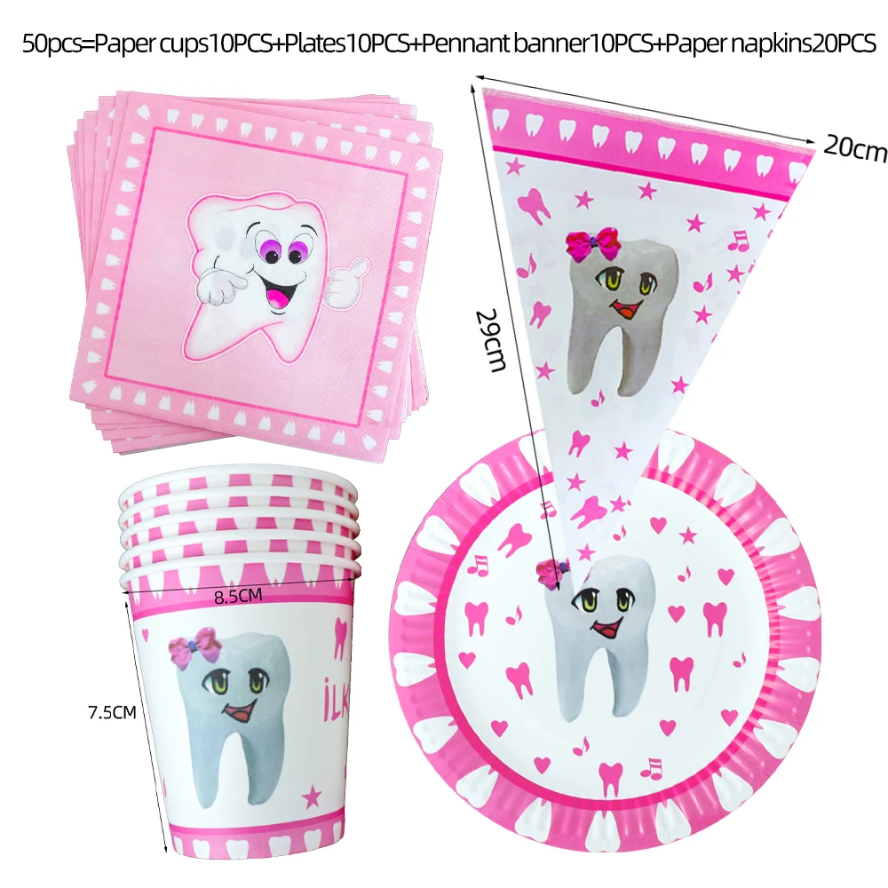 

50Pcs Girl's First Tooth Theme Birthday Party Supplies Pink Teeth Disposable Tableware Baby Shower Disposable Plates Cups Straws