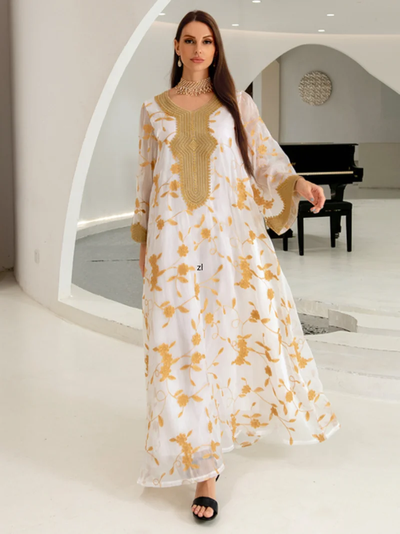 Muslim Evening Dress Long Sleeves Morrocan Kaftan Abaya Mesh Embroidered Lace Robe Party Dresses Islamic Clothing For Women