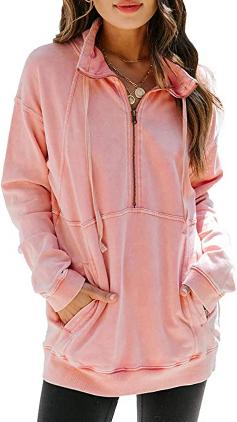 

Новинка 2021, однотонный Повседневный свитер с карманом кенгуру на молнии и длинным рукавом, Женский Топ