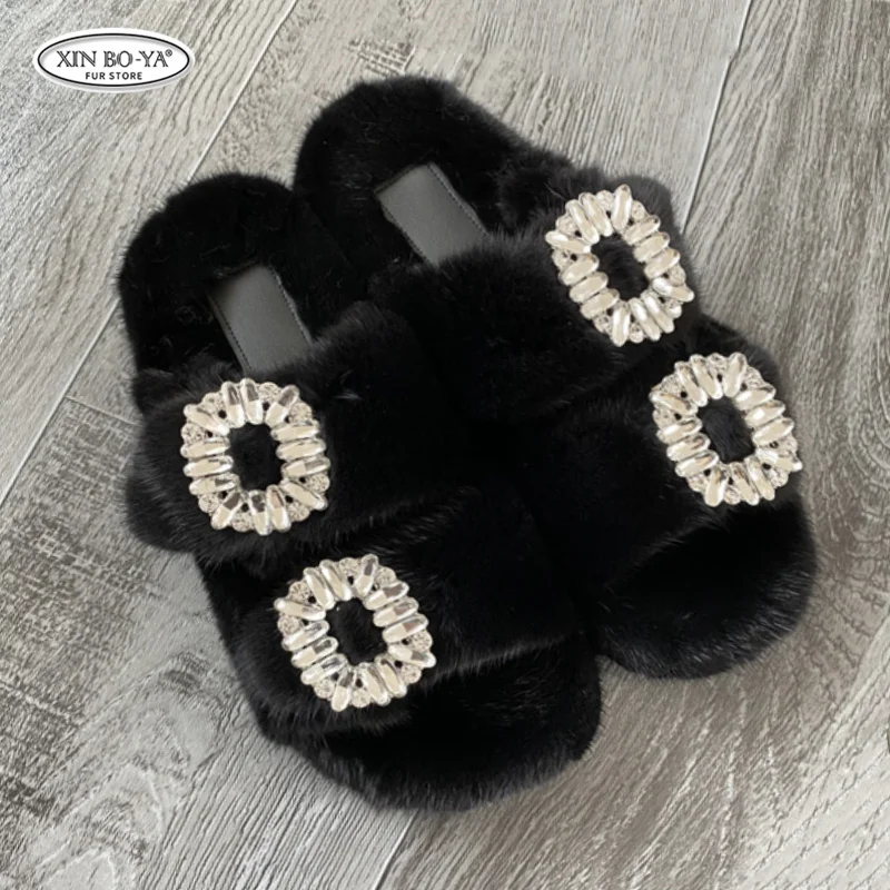 Тапки женские меховые натуральный мех сланцы плоская подошва Европейская