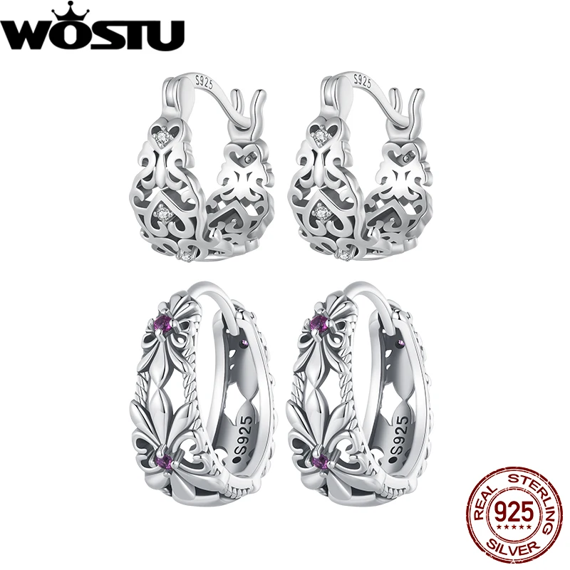 

WOSTU 925 Sterling Silver Vintage Pattern Earrings Iris Flower Earrings with Zircon for Women Fine Jewelry Party Wedding Gift