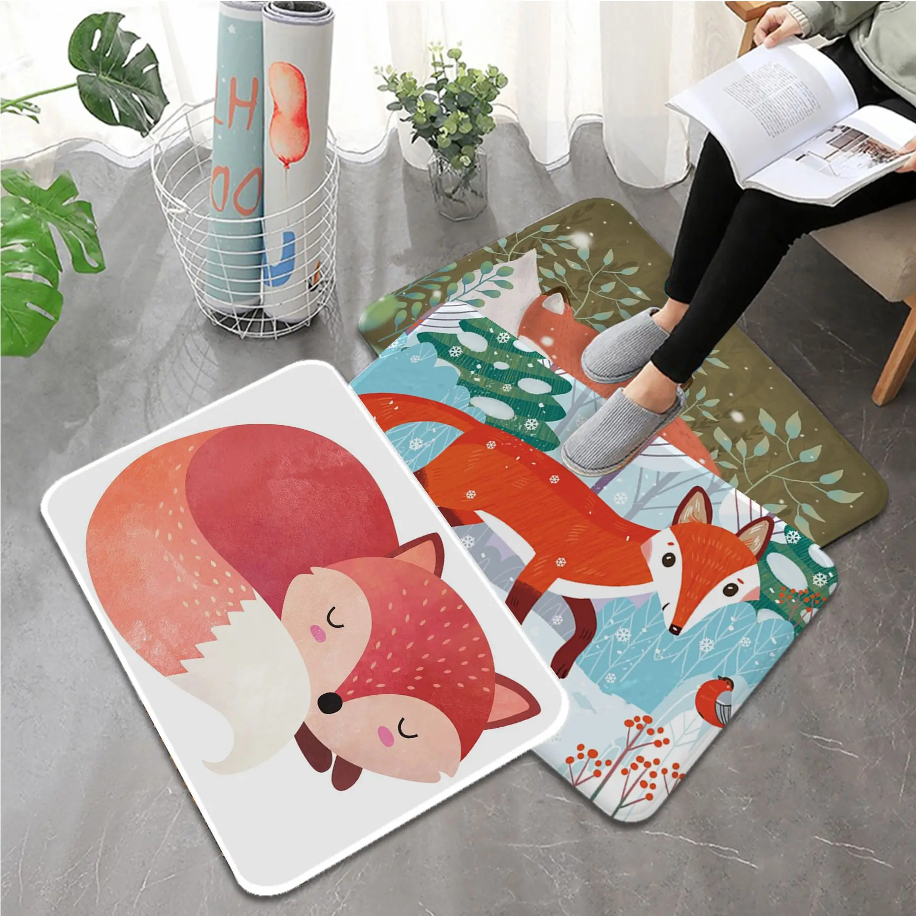 

Cartoon Fox Pattern Long Rug Cheaper Anti-slip Modern Living Room Balcony Printed Welcome Rug Bathroom Bath Mat Entrance Doormat