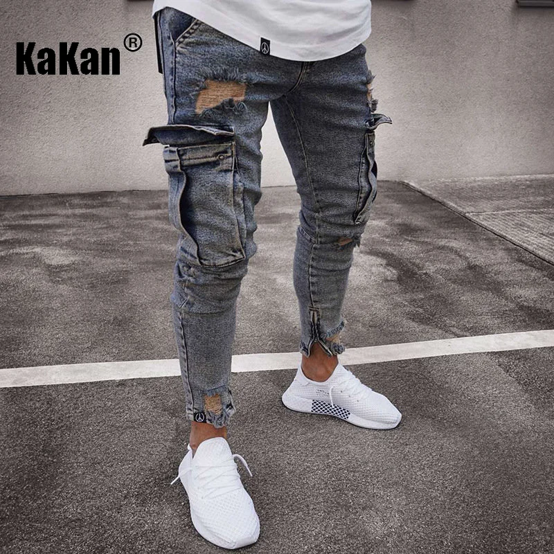 Kakan - Slim Skinny Zippered Jeans, Popular In Europe and The United States, New Fashion Knee Hole Jeans K016-LF806