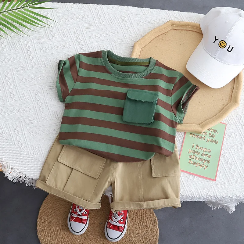 

Children Clothing Set Boys Spring Summer 2023 New Fashionable Striped T Shirt Patchwork Striped Overalls Casual Two Piece Set
