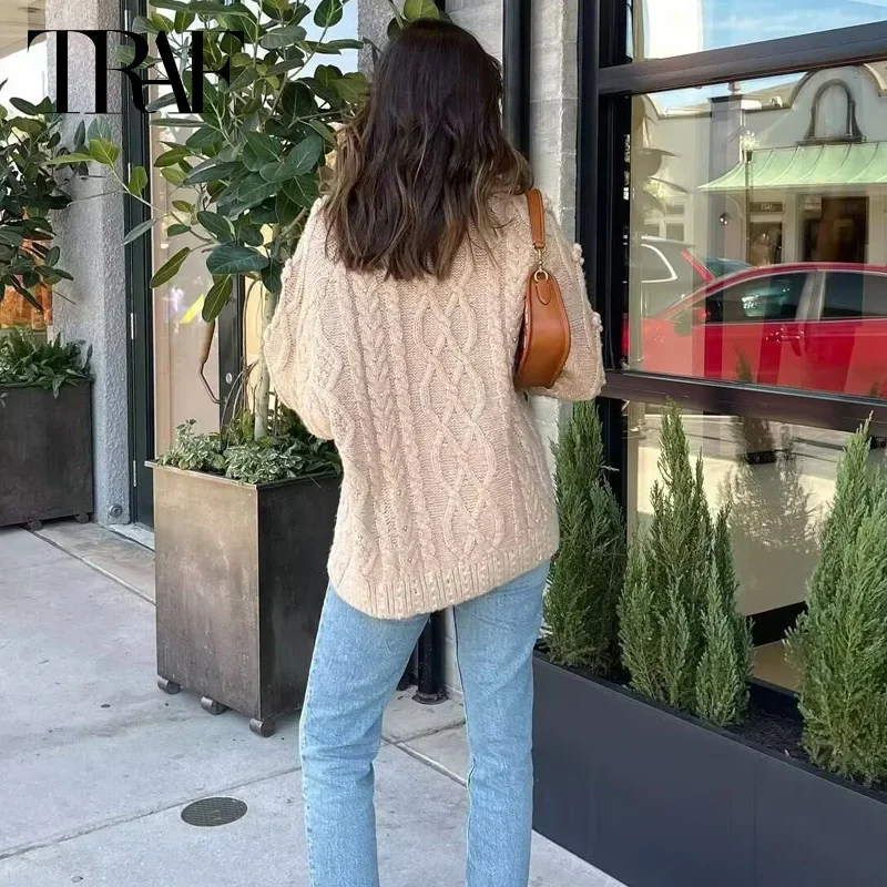 TRAF осень-зима женский вязаный свитер со стразами 2024 с длинными рукавами пуловеры