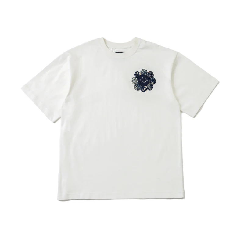 

Blue Dye Hand Pasted Cloth Embroidery Sunflower Smiling Face T-shirt Japanese Retro Short Sleeve Loose Men and Women Summer Tees
