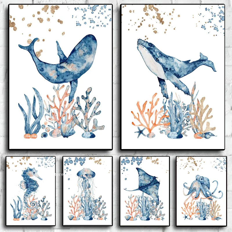 

Whale Sea Horse Jellyfish Octopus Coral Ocean Animals Poster and Prints Wall Art Canvas Painting Wall Pictures Kids Room Decor