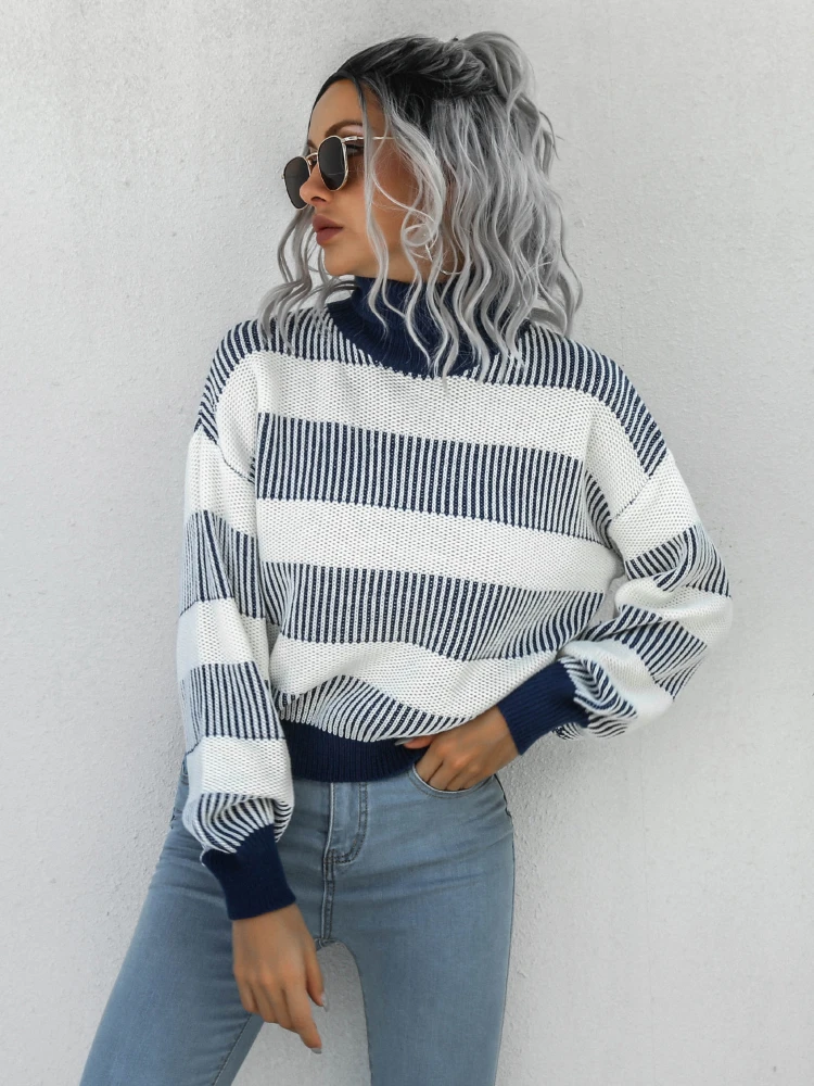 

Autumn/ Winter Women's Sweater Pullover Korean Fashion Knitwear High Collar Lantern Long Sleeve Striped Sweater Y2k Clothing