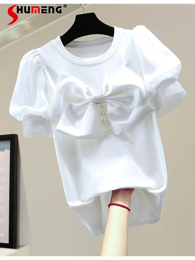 

Женские футболки Стразы с бусинами и бантом с коротким рукавом, Новинка лета 2022, Женская стройнящая футболка в Корейском стиле с пышными рук...