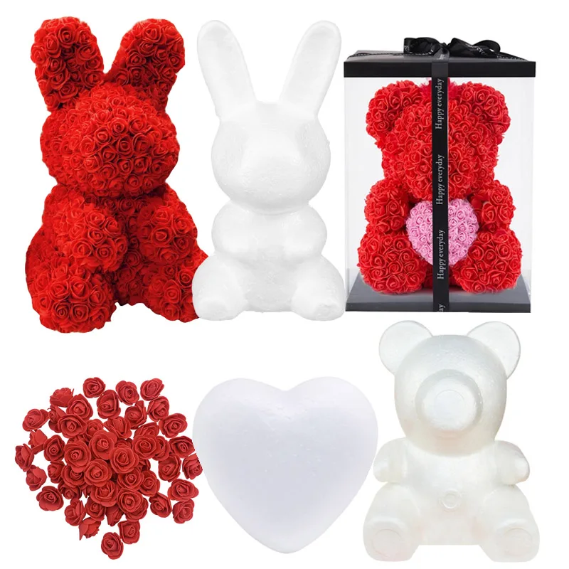 Foam Rose Bear Polystyrene Styrofoam Bear Bunny Mold Artificial Flower Head For Wedding Birthday Decor DIY Valentine
