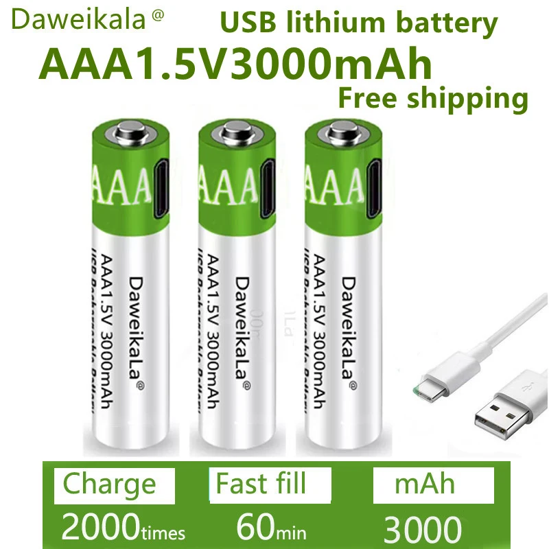 

Daweikala USB AAA Rechargeable Batteries 1.5V 3000 MAh Li-ion Battery for Remote Control MouseElectric Toy Battery+ Type-C Cable