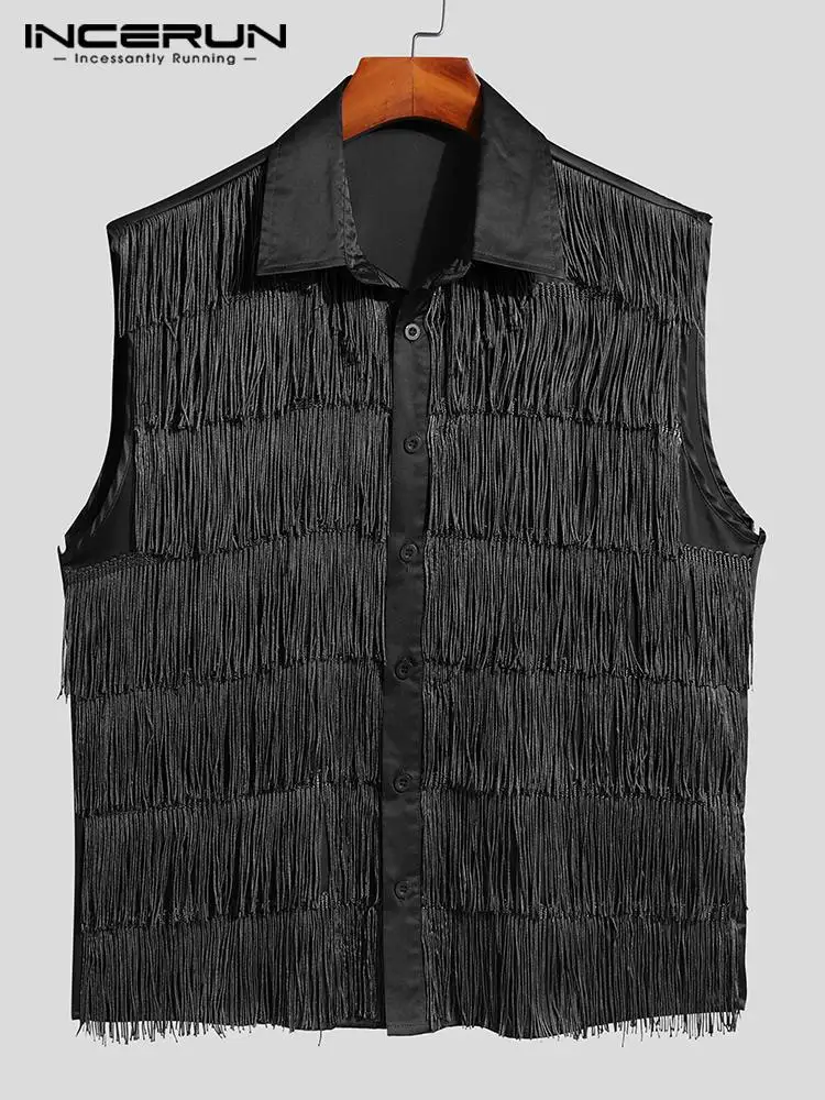 Fashion Casual Style Tops Handsome Men's Tassel Sleeveless Waistcoat Stylish Hot Sale Male Solid Personalized Lapel Shirts S-5XL