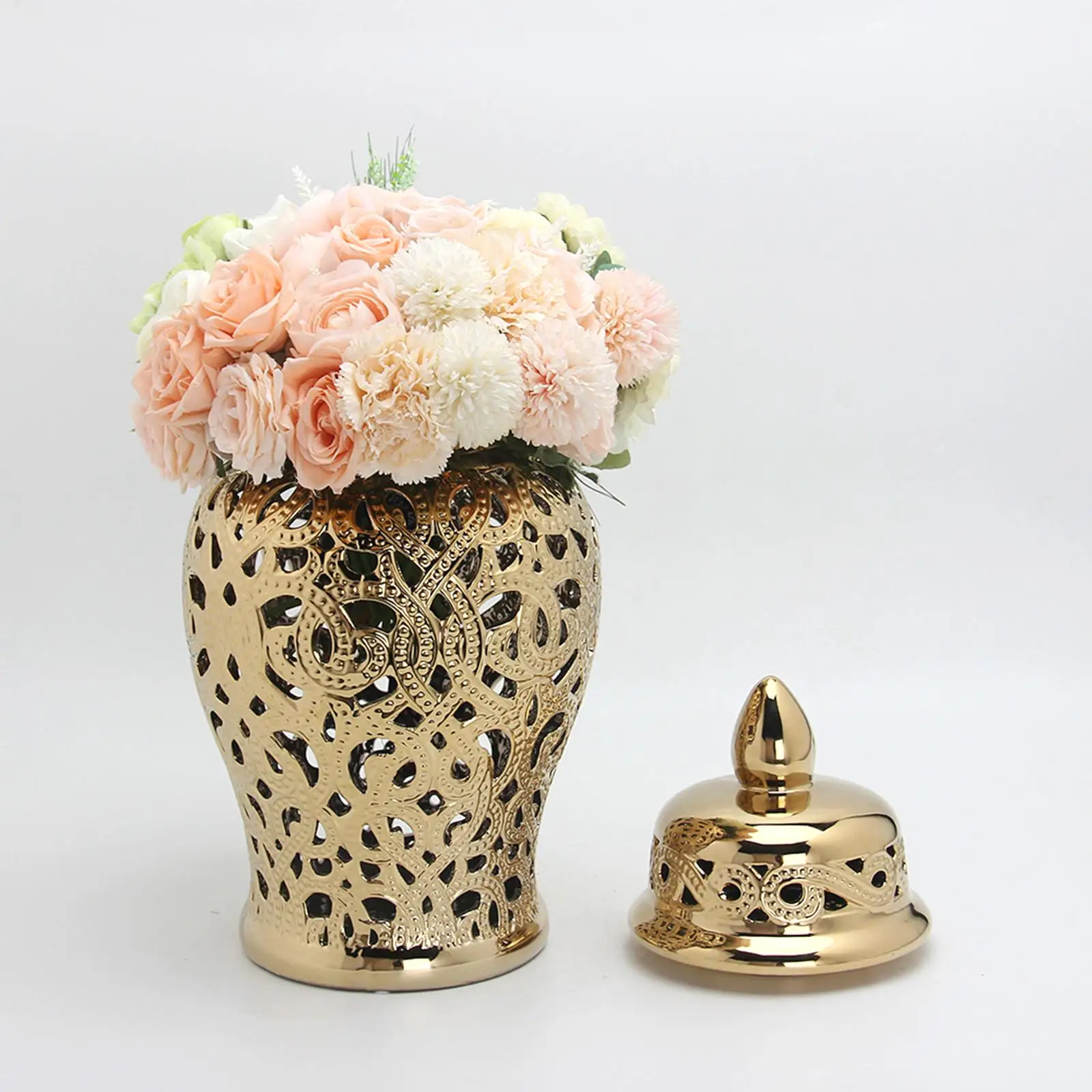 

Modern Ceramic Ginger Jar Home Decoration Chinese Carved Lattice Temple Jar