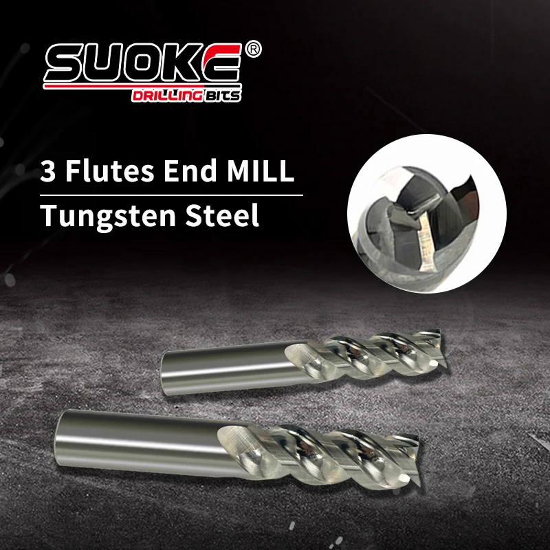 

SUOKE, твердосплавная фреза из 3 элементов для алюминия, вольфрамовой стали, плоская фреза без покрытия, режущие инструменты с ЧПУ