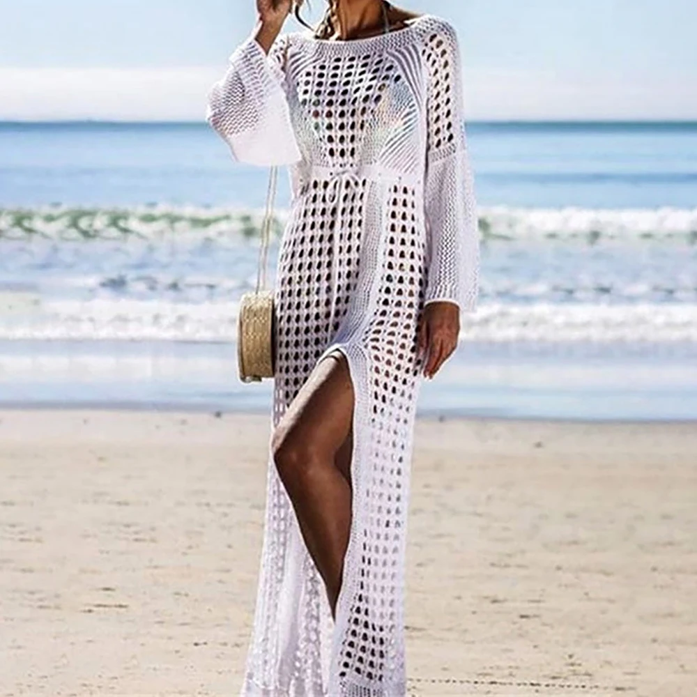 White Knitted Hollow Swimwear Cover Ups Crochet Dress Beach Outfits for Women One-pieces and Cutout Beachwear Clothes Swimsuit