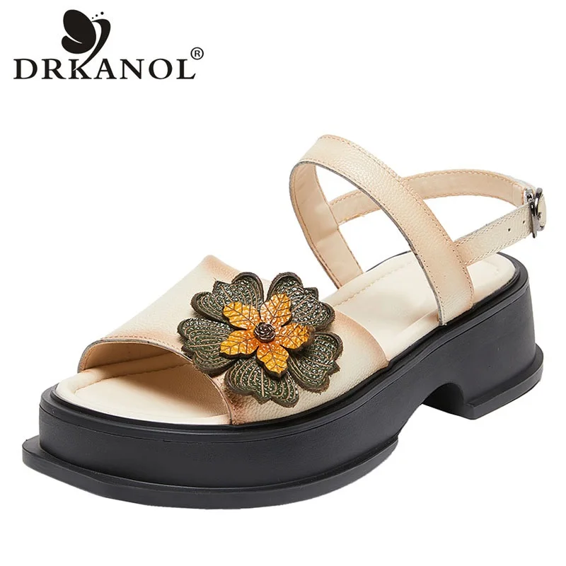 

Сандалии DRKANOL женские в этническом стиле, летние босоножки на платформе, открытый носок, пряжка, натуральная кожа, цветок, толстый каблук, повседневная обувь