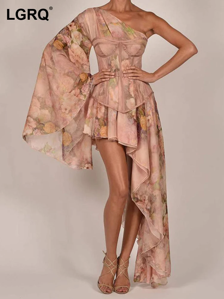 

LGRQ Luxury Fashion Printed Chiffon Slant Shoulder Asymmetric Hemline Design Women's Evening Party Dresses 2023 Elegant 19F1335