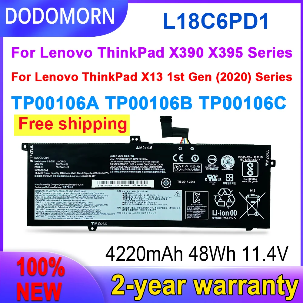 

Аккумулятор DODOMORN L18C6PD1 для Lenovo Thinkpad X390 X395 TP00106A 20NL000HIU 20Q0000KRT L18M6PD1 L18M6PD2 L18D6PD1 02DL017
