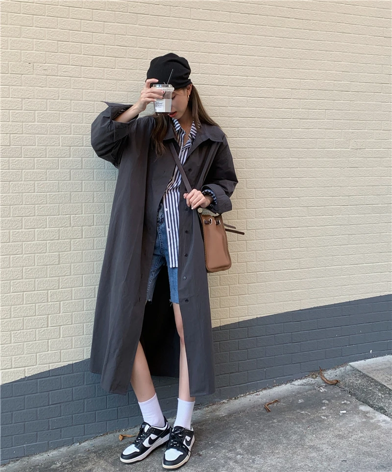 

Real Shot Women's New Korean Version Temperament Commuter Casual Slimming Single-breasted Long Loose Windbreaker Coat