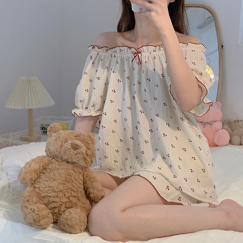 CAIYIER Summer Koream Cherry Print Pajama Set Slash Neck Kawaii Short Sleeve Shorts Sleepwear Soft Sexy Nightwear Women Homewear