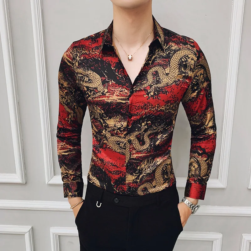 

2022 Chinese trend men's Longteng printed long-sleeved shirt Korean version fashion lapel slim shirt men