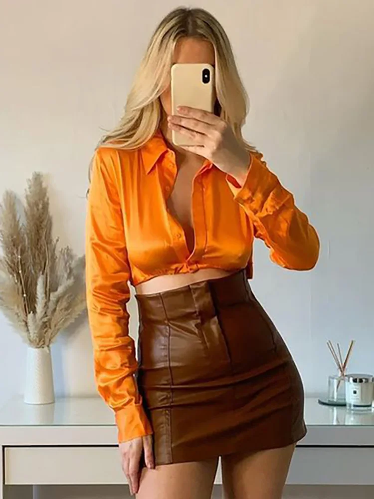 

Shirts Women Clothing 2022 Street Style Crop Tops Lapel Collar Button Up Satin Cropped Shirt Elastic Hem Sexy Long Sleeve Top