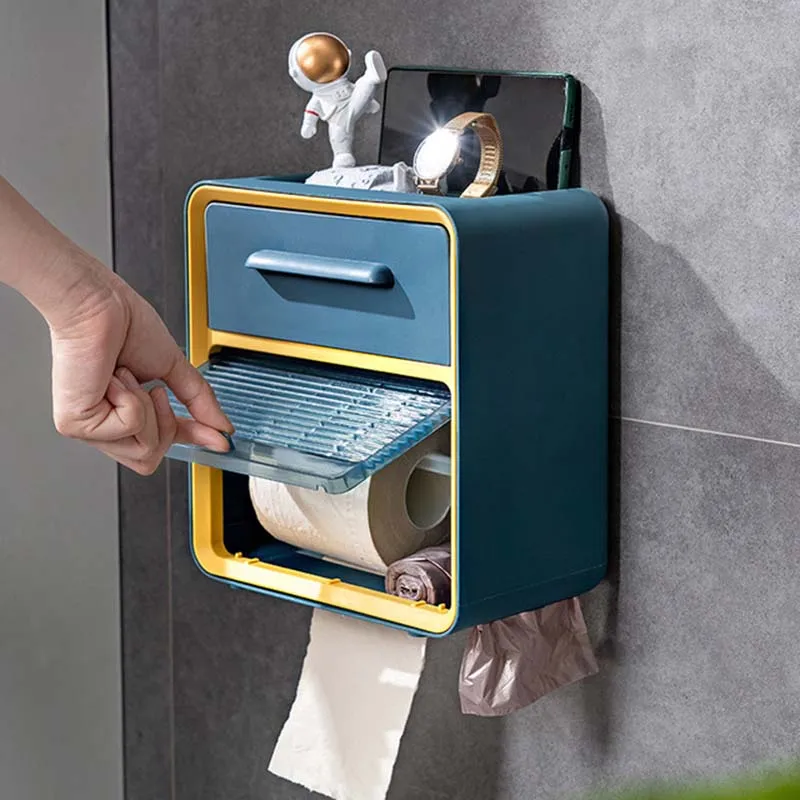 

Double Layer Toilet Paper Holder Storage Box Rack Wall Mounted Waterproof Bathroom Tissue Holder Organizer Shelf With Drawer