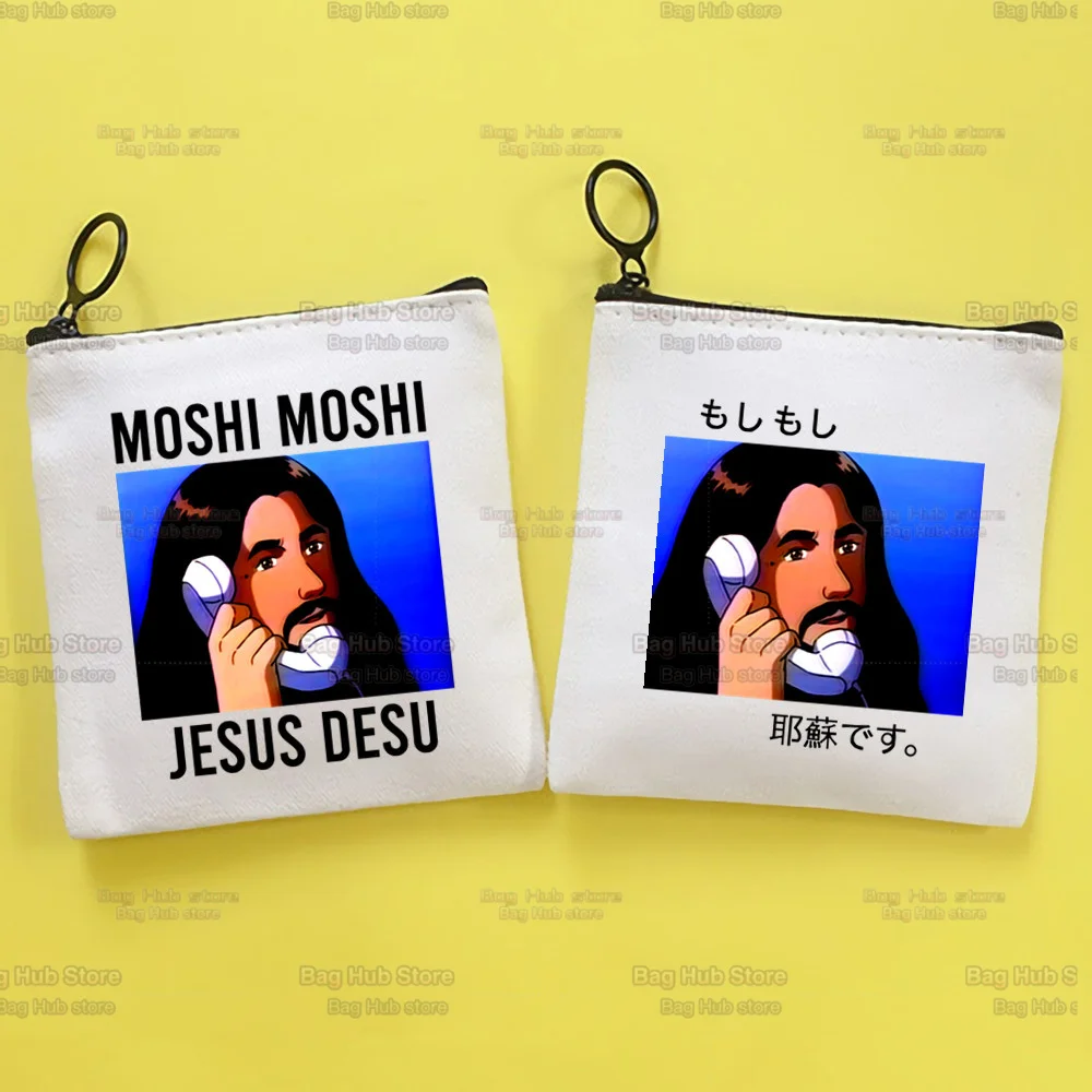 

Moshi Moshi Jesus Desu Canvas Creative Small Coin Purse Funny Simple Key Coin Purse for Men and Women Fashion Style Cute Trend