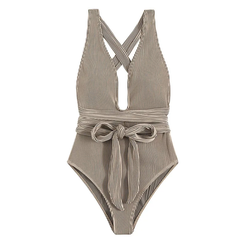 

Women Swimsuit, Adults Tie-up Low Cut Padded Stripe Print Cross Bodysuit