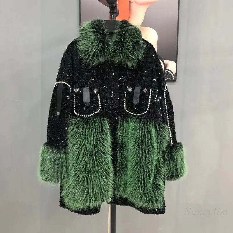 2022 Black Sequined Stitching Green Imitation Fur Coat Women Winter Mid-Length Loose Warm Keeping Toka Material Overcoats