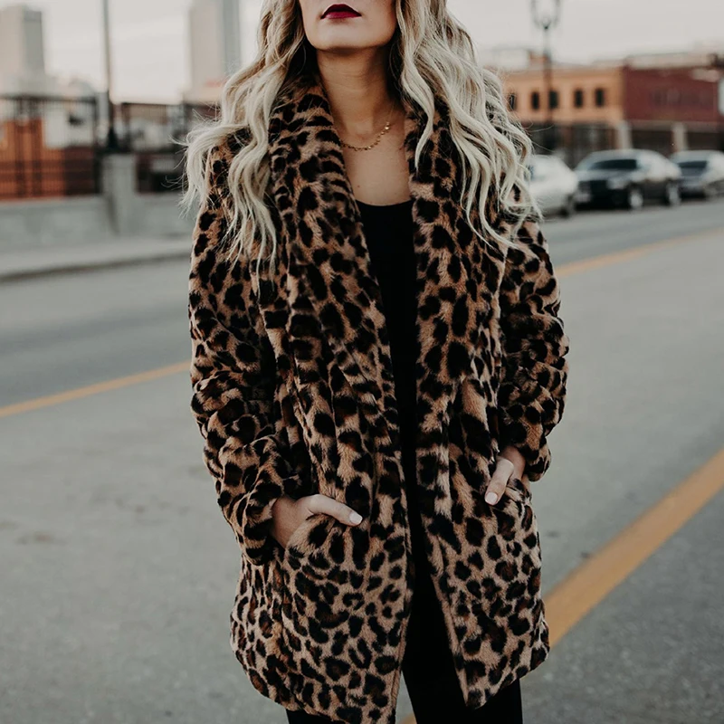 Women Winter Thick Warm Fashion Long Sleeve Luxury Leopard Print Faux Fur Coat Outerwear Artificial Fur Jacket Plush Clothing