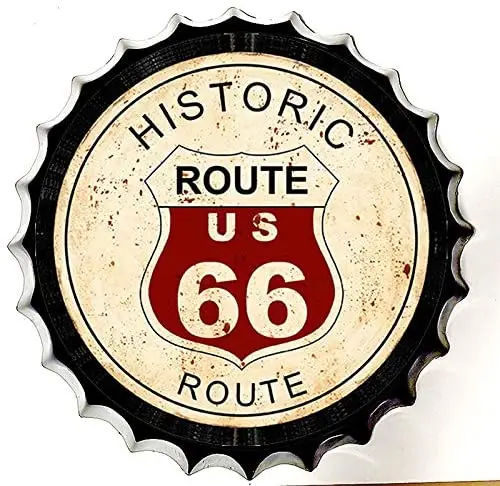 

Modern Retro Tin Sign Bottle Cap Metal Poster - Historic Route US 66 - ! for Shop/Bar/Club/Cafe/Home/Wall Decor, 13.8 inches