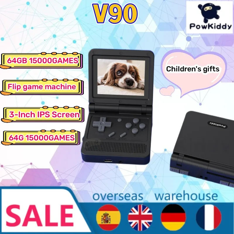 

2023 POWKIDDY V90 Original 3-Inch IPS Screen Flip Handheld Console 16 Simulators PS1 Open System Game Console Children's Gifts