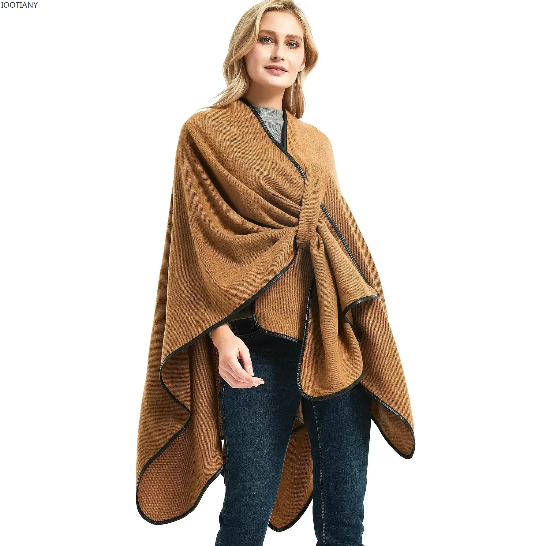 

IOOTIANY Buckle Leather Edge Solid Color Camel Open Fork Shawl Europe And America Fashion Lady Shawl Loose Irregular Outerwear