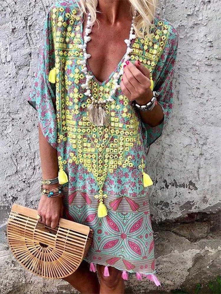 

2022 V-Neck Loose Short Sleeve Causal Dress Elegant Tassel Dress Fashion Women Boho Pattern Printing Holiday Beach Mini Dress