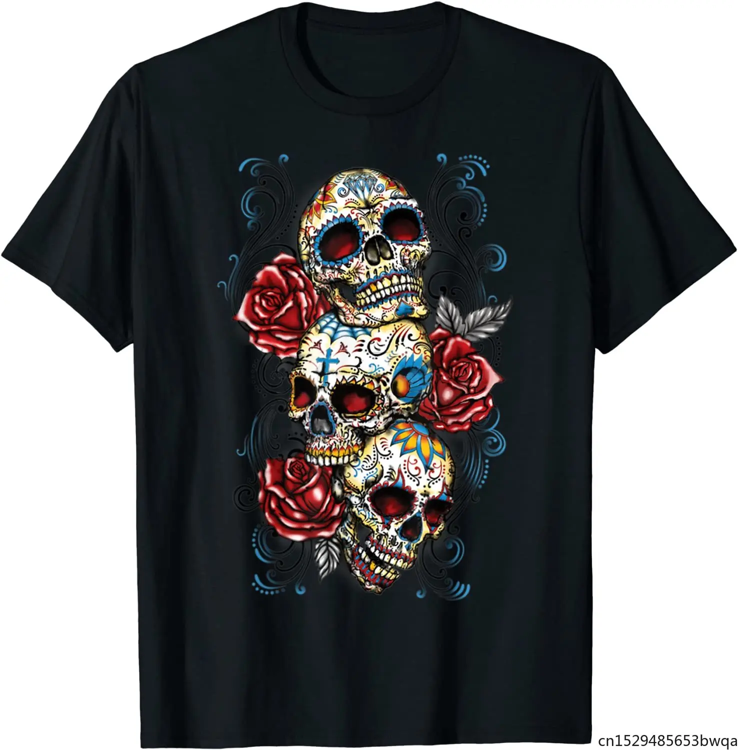 

Sugar Skull T Shirt Roses Three Skull Tshirt Day of The Dead T-Shirt
