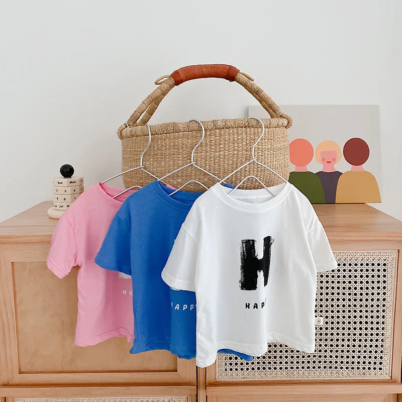 

Хлопковая футболка с коротким рукавом для мальчиков и девочек, нижняя рубашка, однотонный повседневный летний топ с буквенным принтом для д...