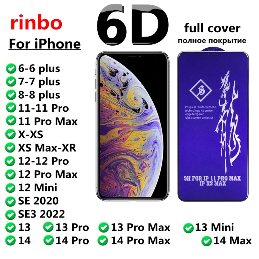 

rinbo Full Cover Tempered Protective Glass for iPhone 12 13 14 ProMax X Xs Xr 11 Pro Max SE 8 7 6 6S Plus Screen Protector Film