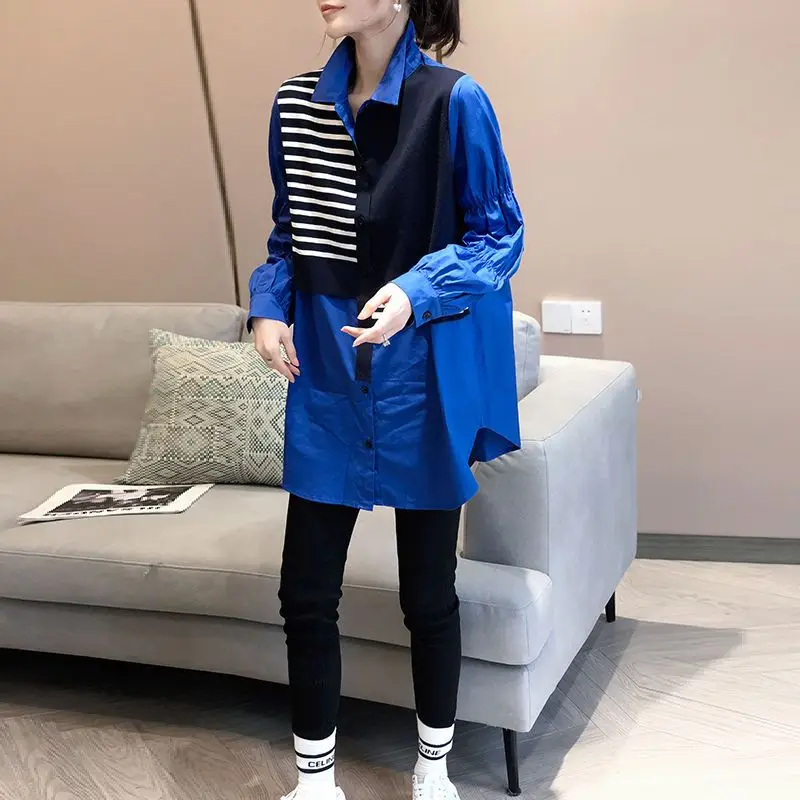 

2022 Spring Fashion Women New Patchwork Shirt Elegant Commute Contrast Buttons Cardigan Streetwear Ladies Casual Blouses T767