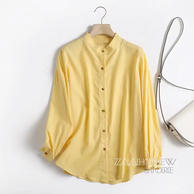

ZAAHONEW 2022 Summer Women Fashion Stand Collar Cotton Linen Blouse Lady Loose High Quality Office Shirt Tops