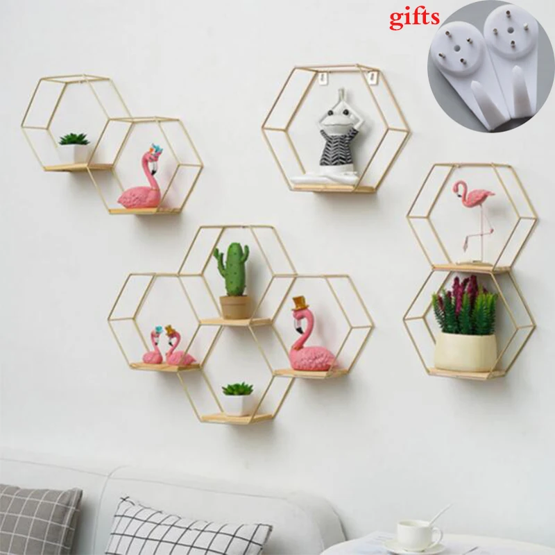 

Nordic Decoration Craft Hexagonal Iron Stand storage shelf Home Shelf Storage Holder Contracted Design Decorative Shelves