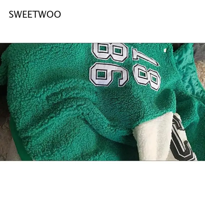 Green Y2K Baseball Coat Winter Coat for Women Faux Teddy Fur Coat Basic Jackets Outerwear Female Fashion Vintage Harajuku Kawaii