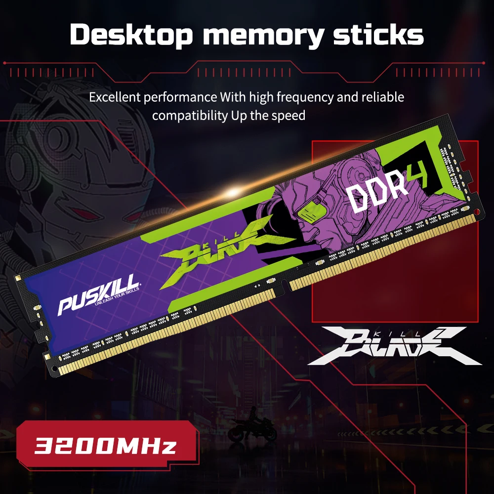 Фото PUSKILL KILLBLADE Настольная память DDR4 RAM 32 ГБ 16 ГБ 8 ГБ 1,2 В 3200 МГц 2666 МГц 288-контактный PC4 UDIMM Memoria №3