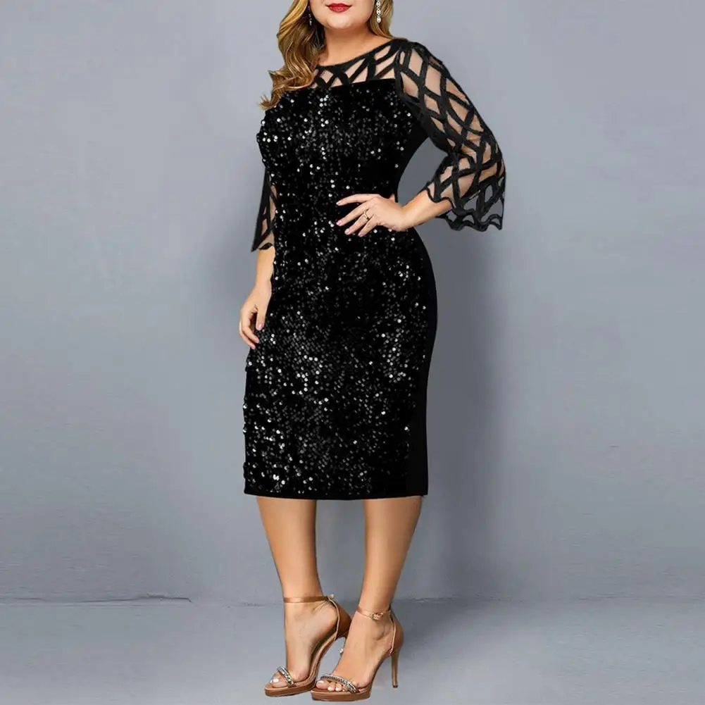 

Slim Round Neck Ladies Dress Sequins Temperament Mesh Stitching Small Split Dress for Banquet
