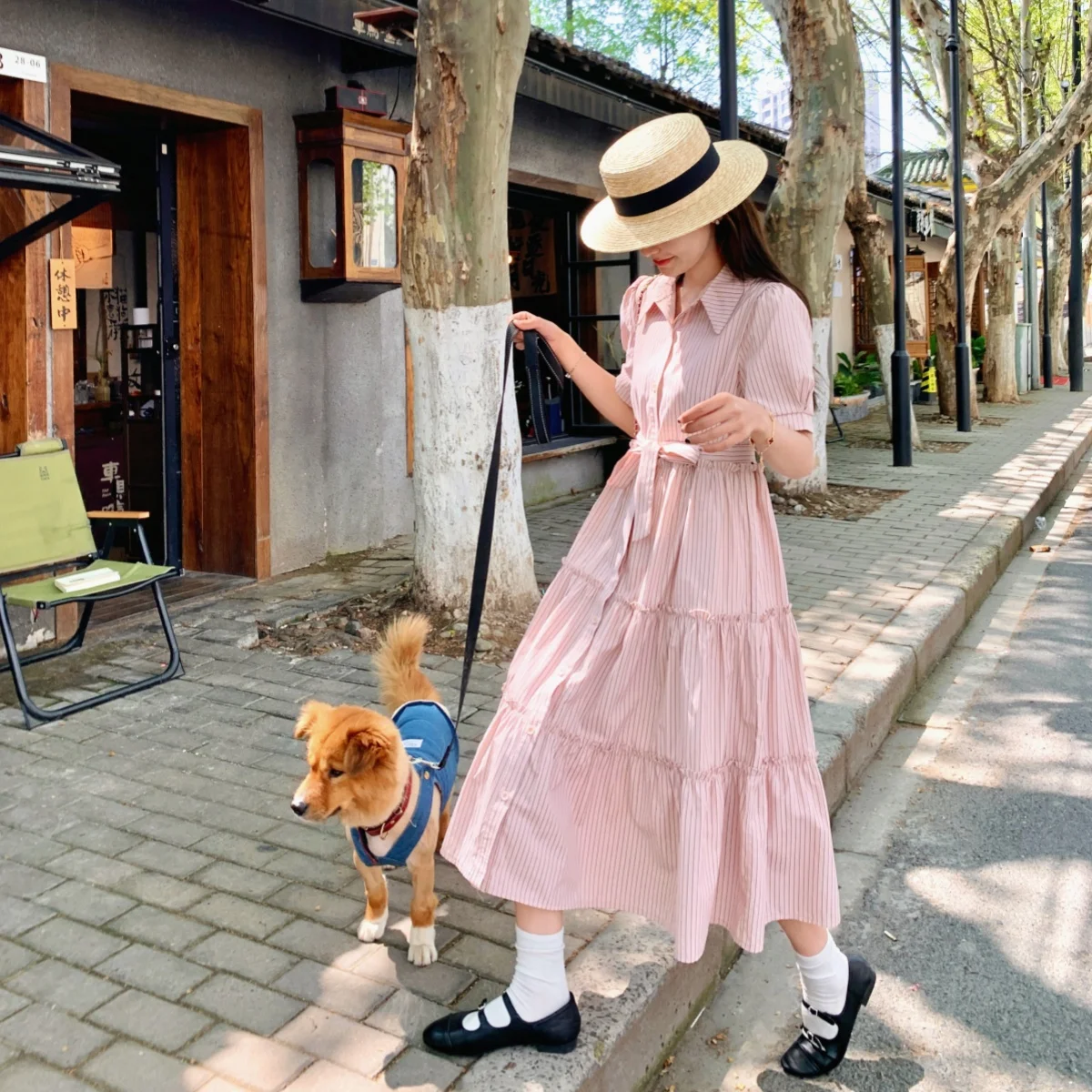 Женское длинное платье-рубашка розовое платье в полоску во французском стиле