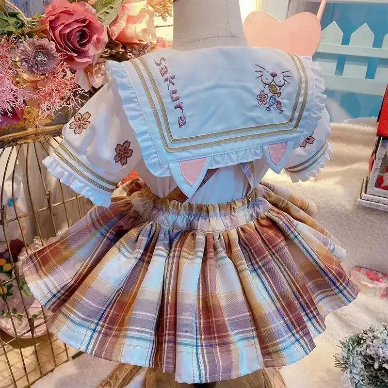 

High Quality Summer Baby Girls JK Uniform Shirts+Plaid Bib Dress 2pcs/set Kids Princess Birthday Party Clothes Set 1-7T Outfits
